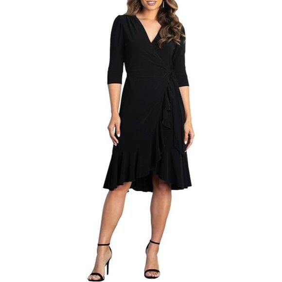 Kiyonna Plus Size Whimsy Ruffled Midi Wrap‎ Dress with Sleeves 2X - Picture 1 of 13